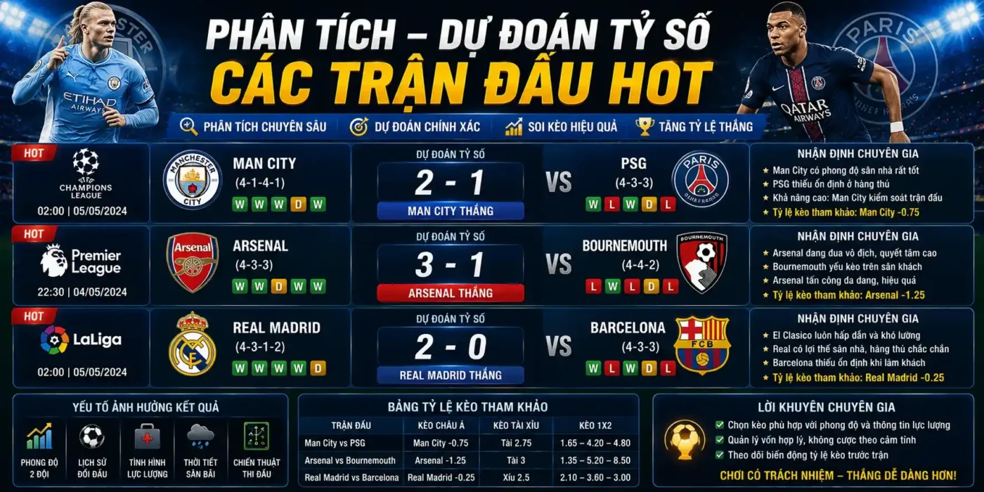 Phân tích, dự đoán tỷ số các trận đấu hot